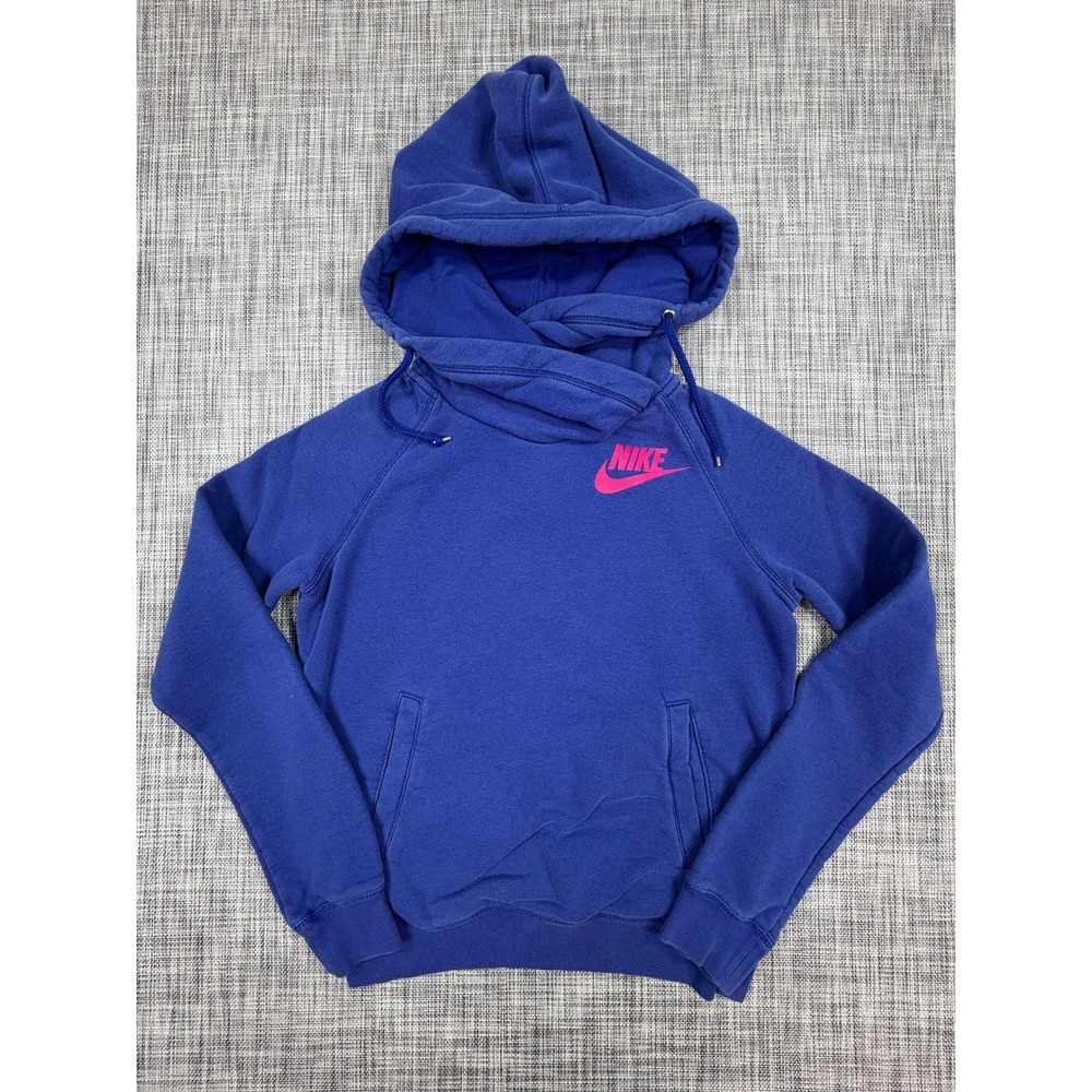 Nike Rally Womens Hoodie S Blue Pink Logo Cowl Neck Fleece Pullover 683776-455